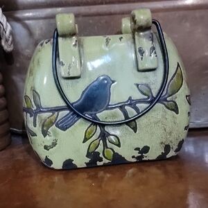 Green Bird Design Decor Ceramic Bag With Metal Handles